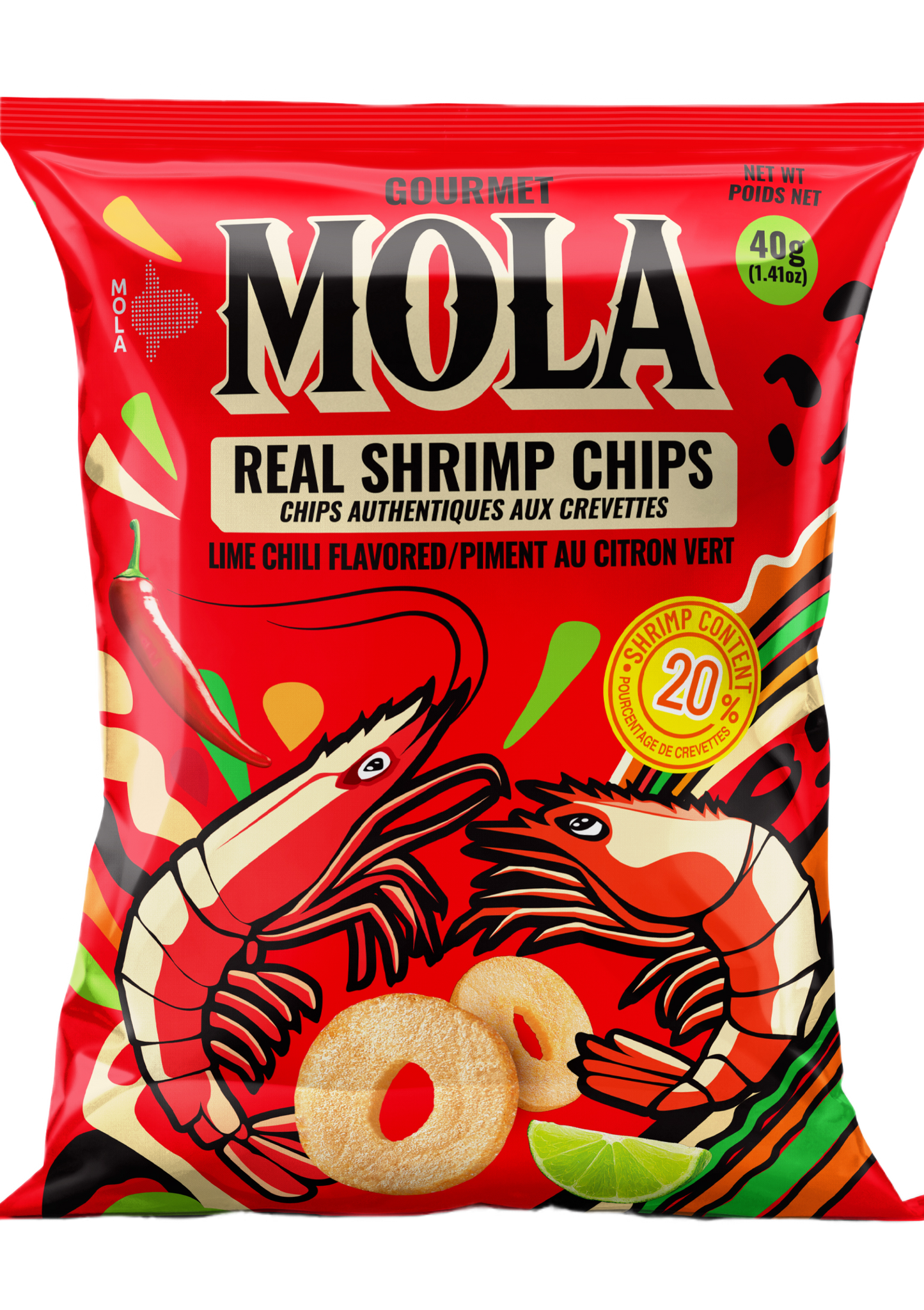 Red package of Mola Real Shrimp Chips with shrimp and lime graphics on a white background
Packaging of Mola Real Shrimp Chips with shrimp illustration and branding.
Mola Real Shrimp Chips in red packaging with Lime Chili flavor, featuring shrimp illustration
Crispy shrimp chips made with real shrimp and bold Southeast Asian spices