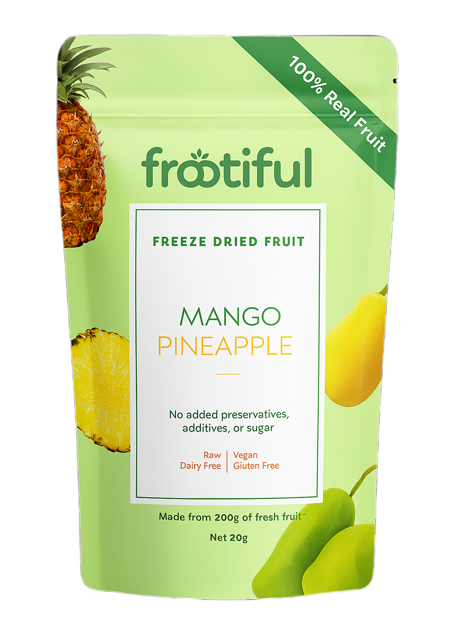Frootiful freeze-dried mango pineapple package on a white background