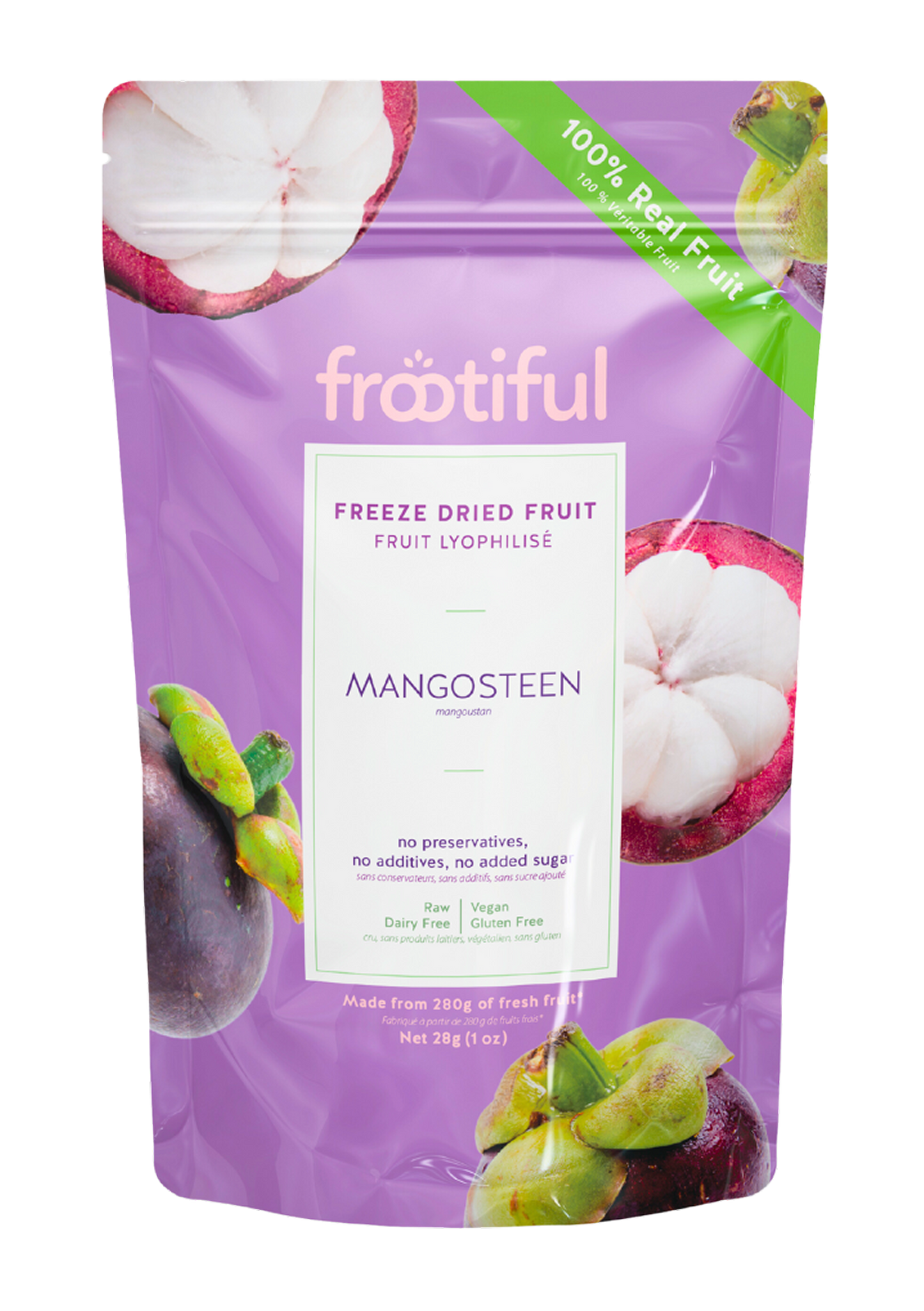 Purple package of frooiful freeze-dried mangosteen fruit on a white background