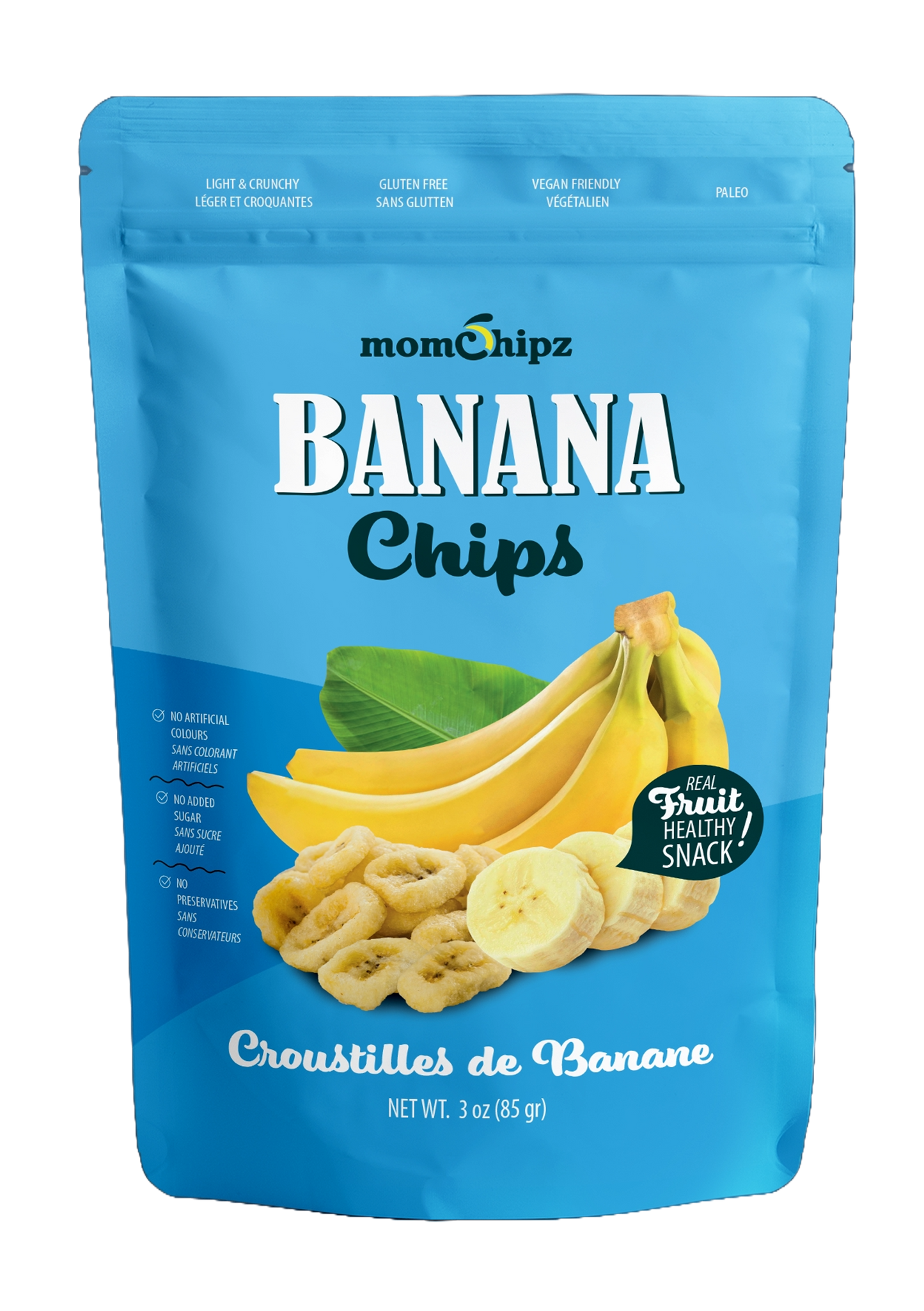 Packaging of momchips Banana Chips with blue background and banana illustration.