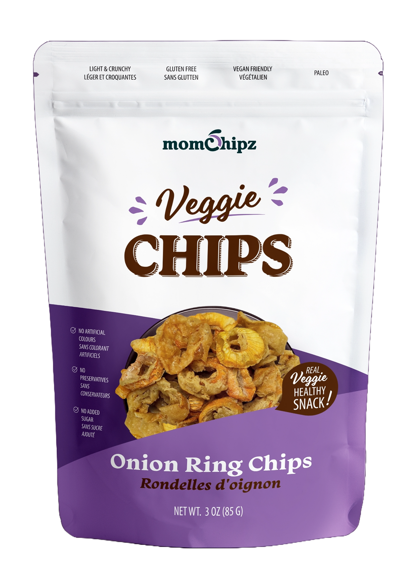 Packaging of momChipz Veggie Chips with onion ring flavor on a white background