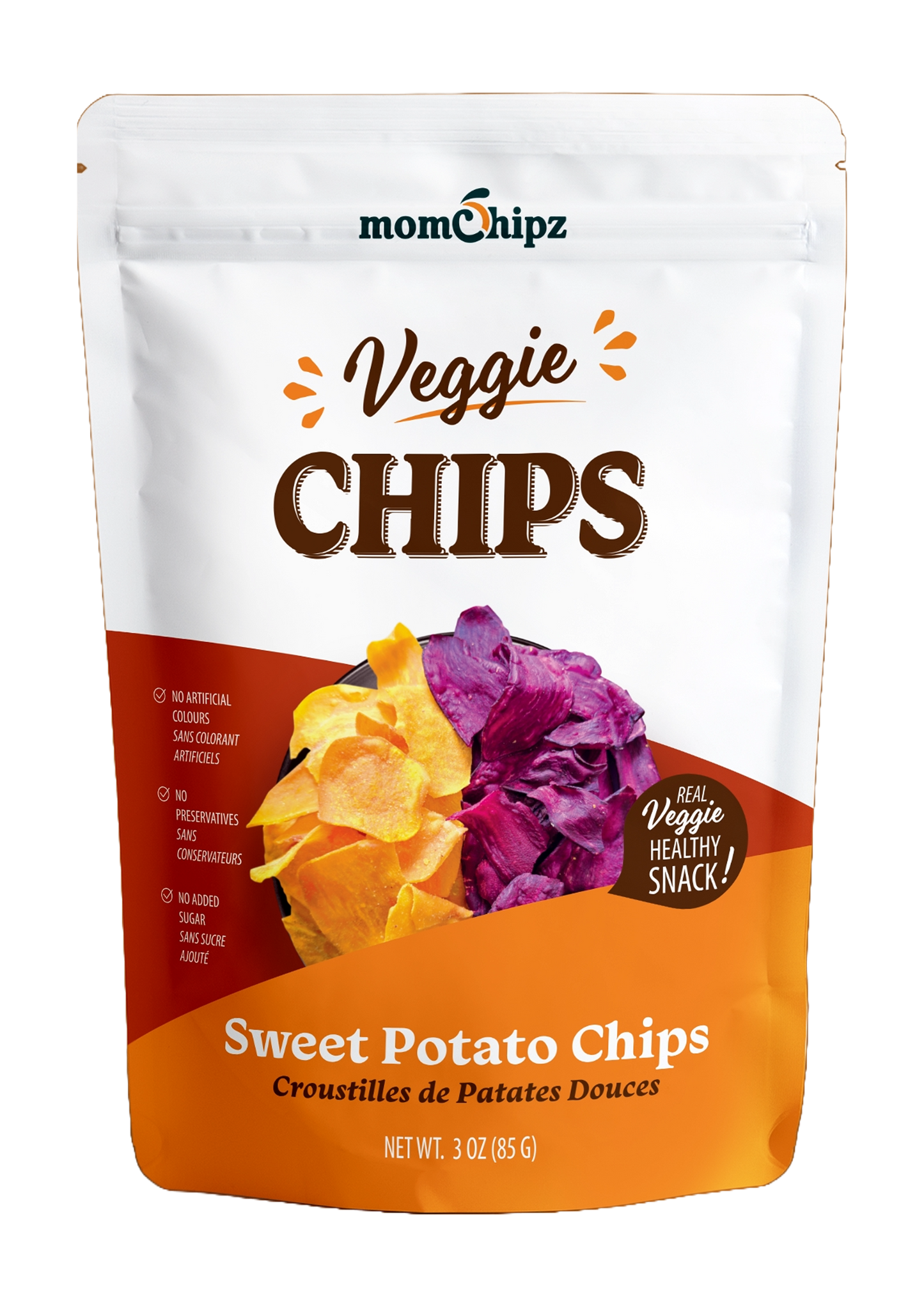 Packaging of momchipz Veggie Chips Sweet Potato Chips on a white background