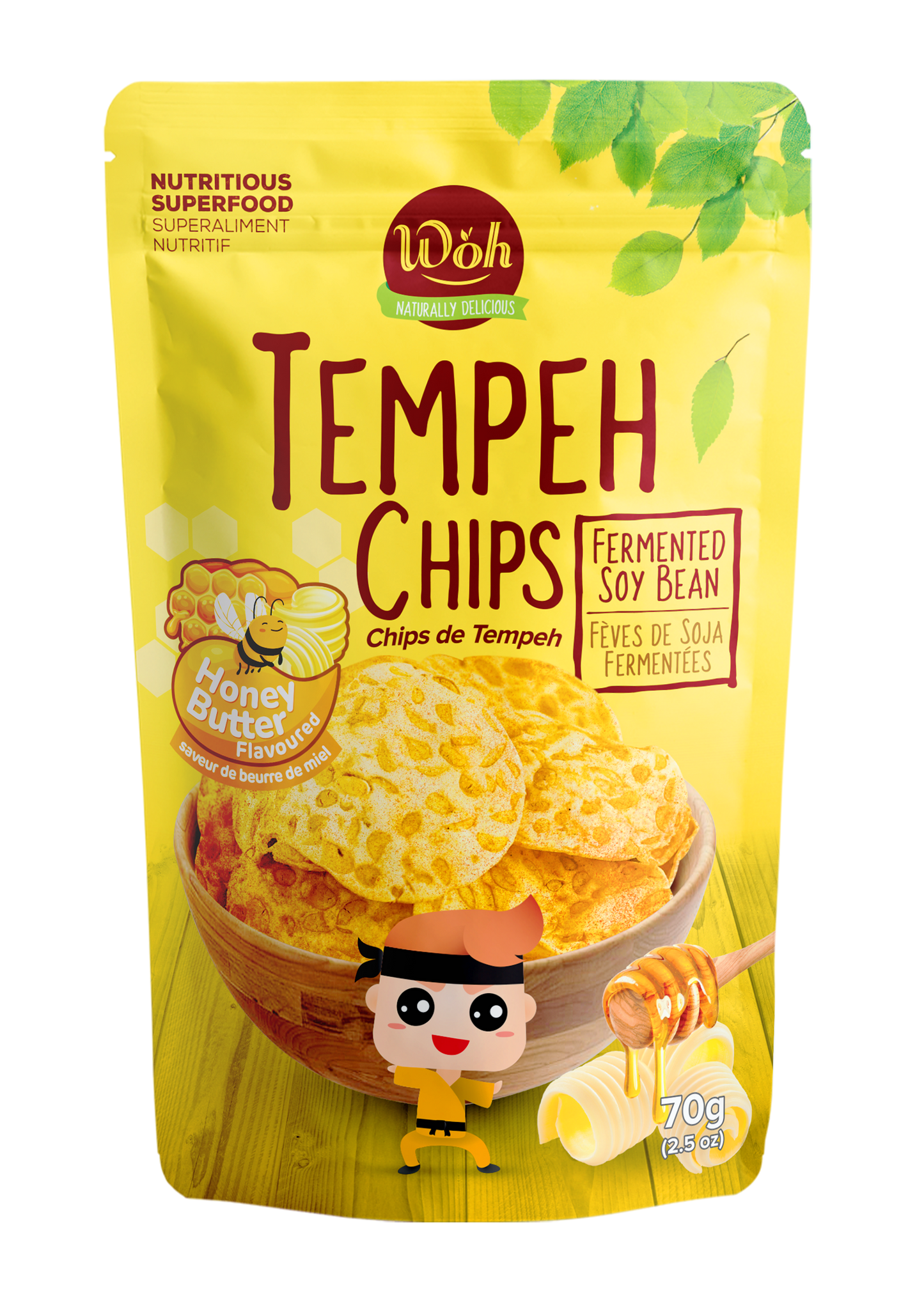 WÖh Tempeh Chips packaging with yellow background and tempeh chips illustration.