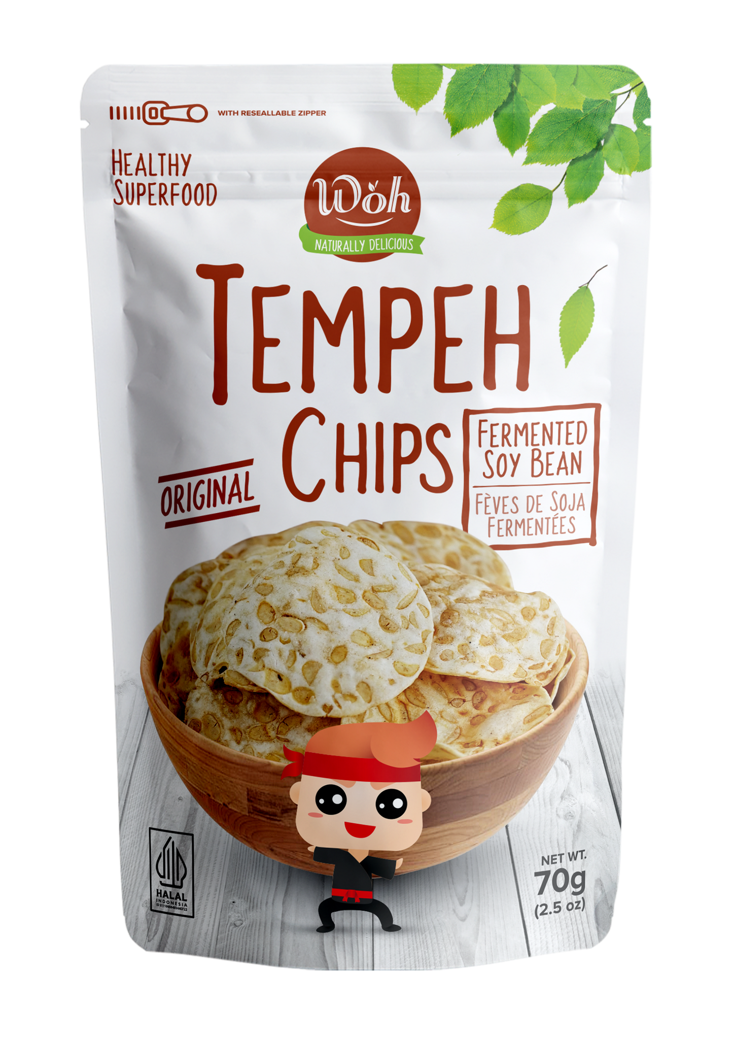 Packaging of Woh Tempeh Chips with a bowl of chips on a white background