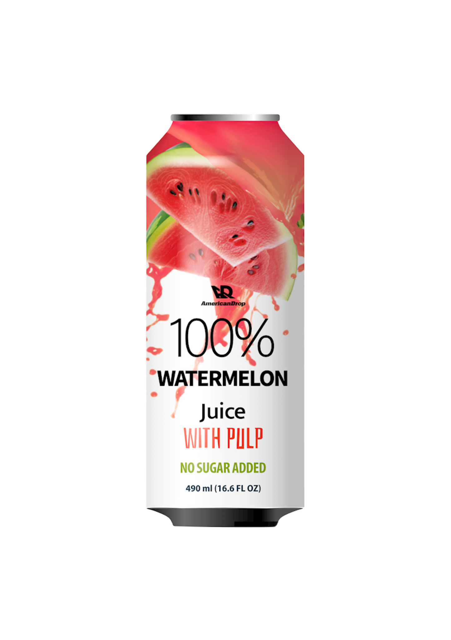 Can of 100% watermelon juice with pulp on a white background