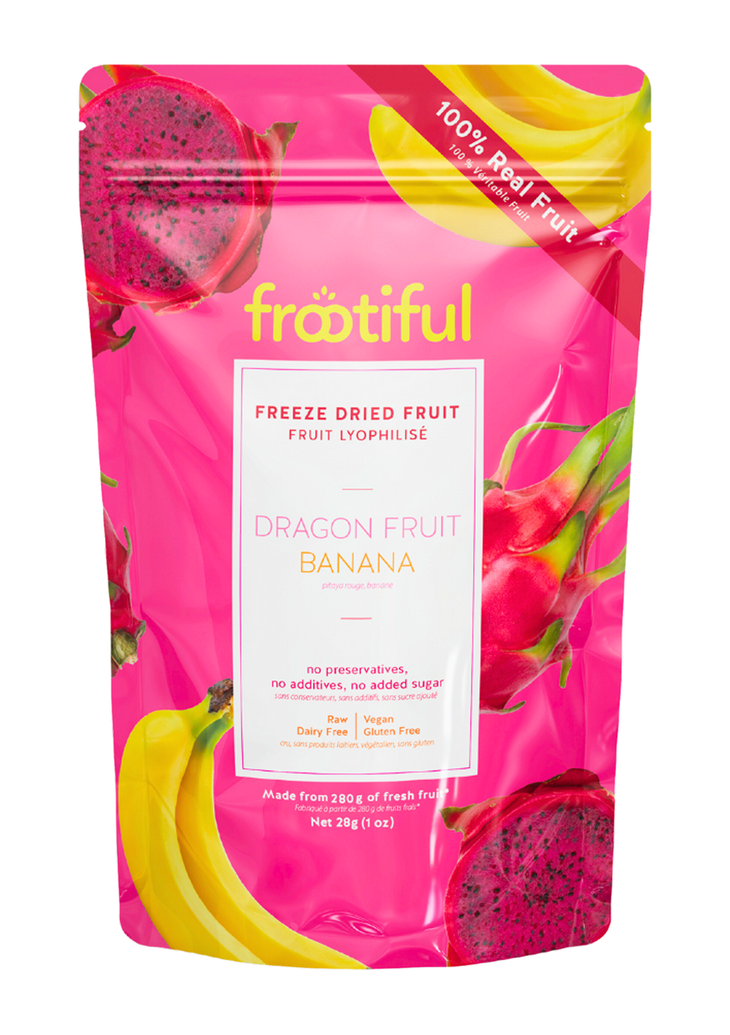 Frootiful freeze-dried fruit package with dragon fruit and banana on a pink background