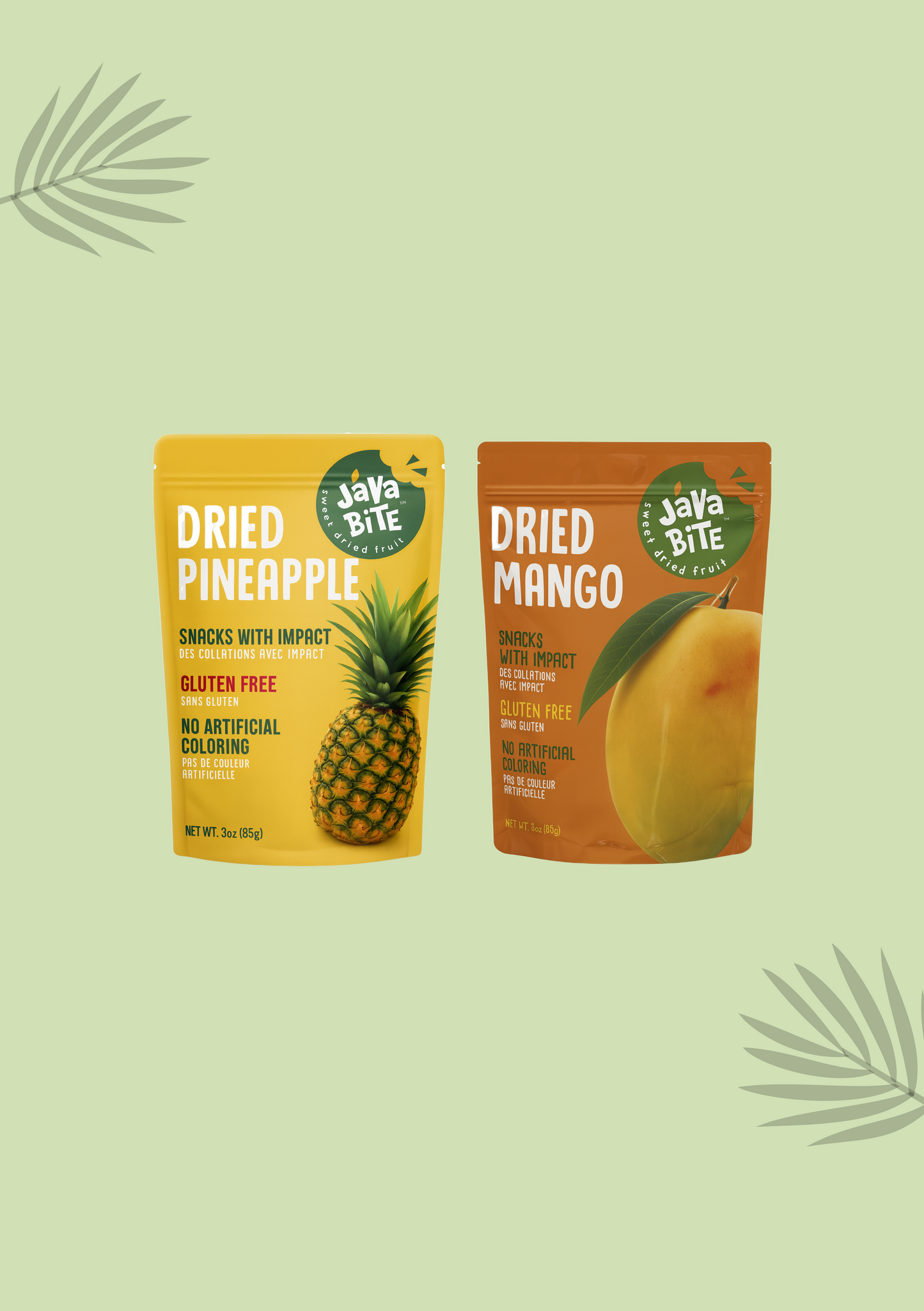 Two packages of Java Bite dried fruit snacks on a light green background with leaf decorations.