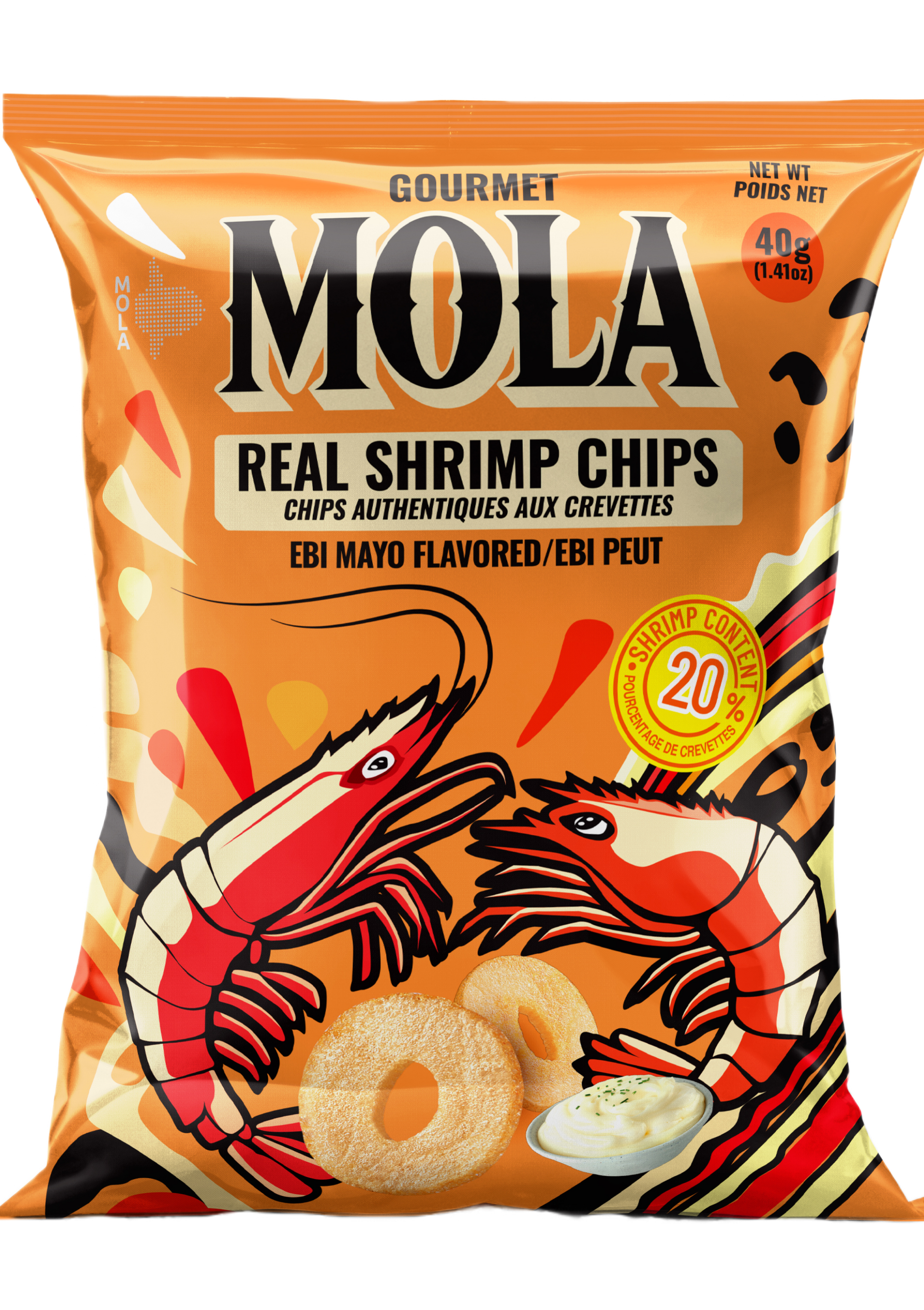Packaging of Mola Real Shrimp Chips with shrimp illustration and branding.
Mola Real Shrimp Chips in orange packaging with Ebi Mayo flavor, featuring shrimp illustration
Crispy shrimp chips made with real shrimp and bold Southeast Asian spices