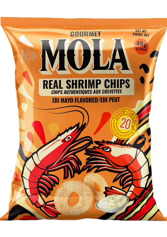 Packaging of Mola Real Shrimp Chips with shrimp illustration and branding.
Mola Real Shrimp Chips in orange packaging with Ebi Mayo flavor, featuring shrimp illustration
Crispy shrimp chips made with real shrimp and bold Southeast Asian spices