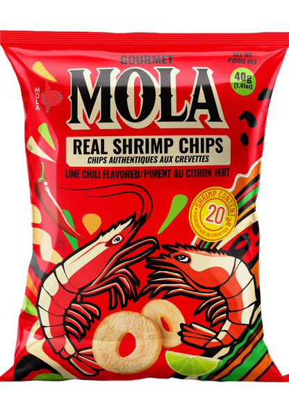 Red package of Mola Real Shrimp Chips with shrimp and lime graphics on a white background
Packaging of Mola Real Shrimp Chips with shrimp illustration and branding.
Mola Real Shrimp Chips in red packaging with Lime Chili flavor, featuring shrimp illustration
Crispy shrimp chips made with real shrimp and bold Southeast Asian spices