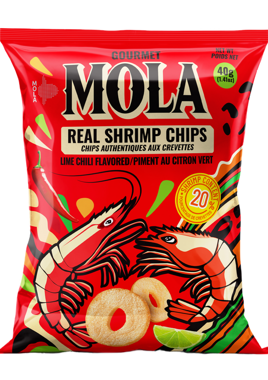 Red package of Mola Real Shrimp Chips with shrimp and lime graphics on a white background
Packaging of Mola Real Shrimp Chips with shrimp illustration and branding.
Mola Real Shrimp Chips in red packaging with Lime Chili flavor, featuring shrimp illustration
Crispy shrimp chips made with real shrimp and bold Southeast Asian spices