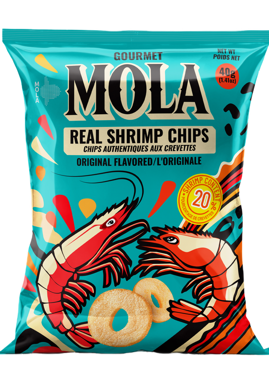 Packaging of Mola Real Shrimp Chips with colorful design and shrimp illustration.

Packaging of Mola Real Shrimp Chips with shrimp illustration and branding.
Mola Real Shrimp Chips in green packaging, featuring shrimp illustration
Crispy shrimp chips made with real shrimp and bold Southeast Asian spices