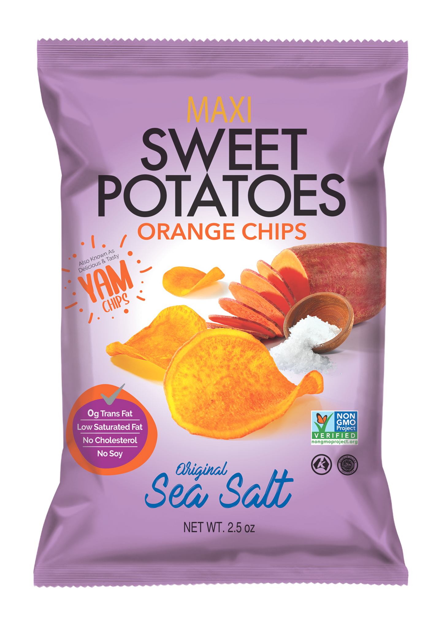 Package of Maxi Sweet Potatoes Orange Chips with sea salt on a white background