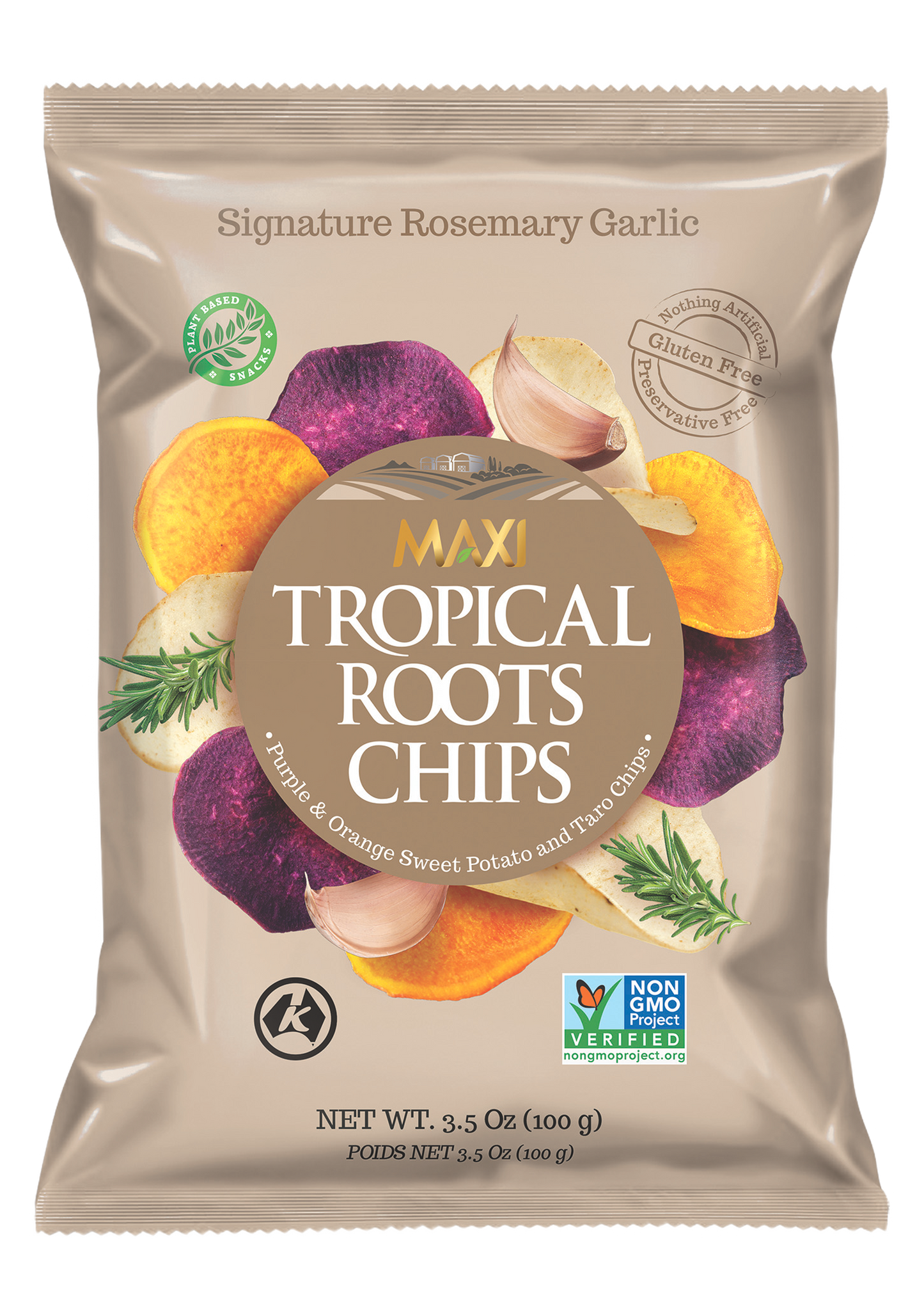 Maxi Tropical Roots Chips packaging with rosemary and garlic on a beige background