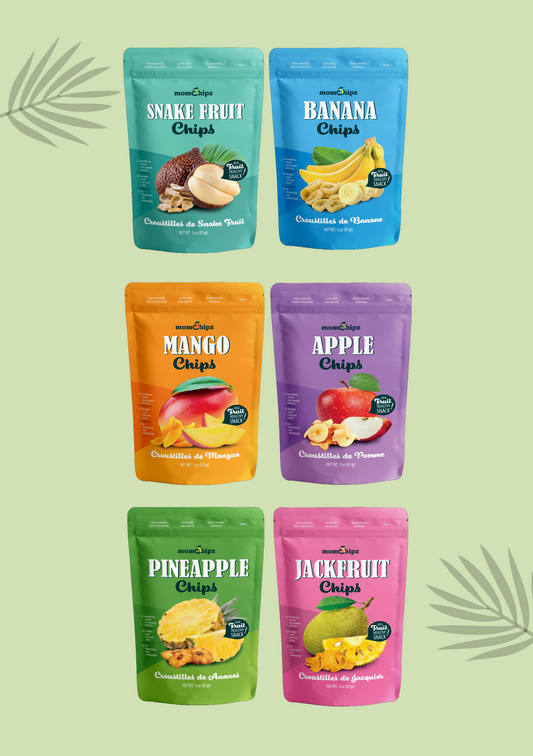 Five packages of fruit chips on a green background with leaf patterns