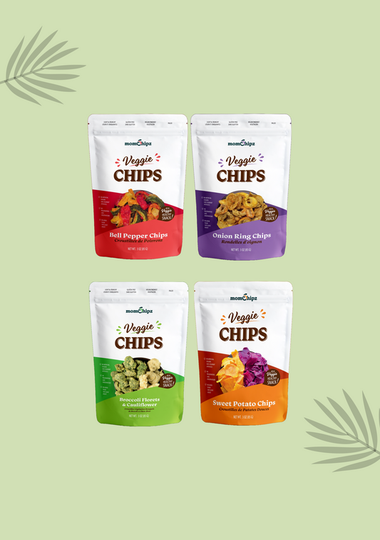 Four packages of veggie chips on a light green background with leaf designs.