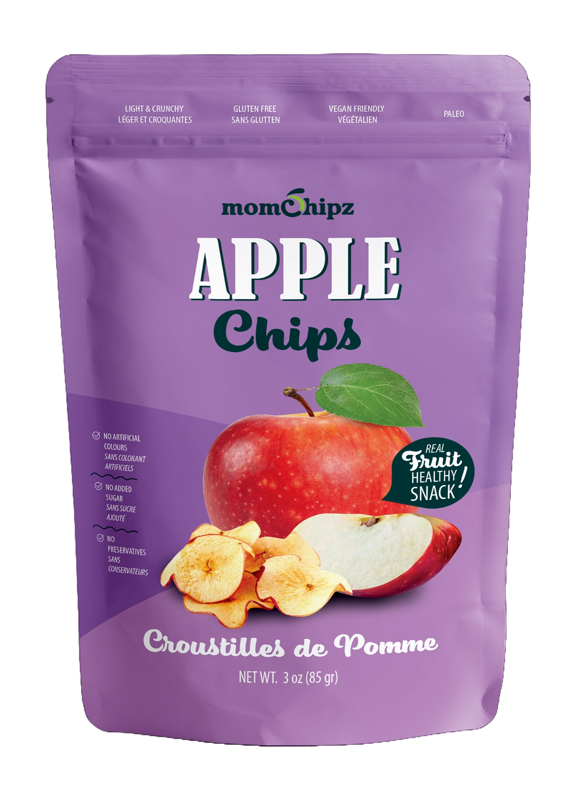 Purple package of momchipz Apple Chips with an apple and chips illustration on a white background