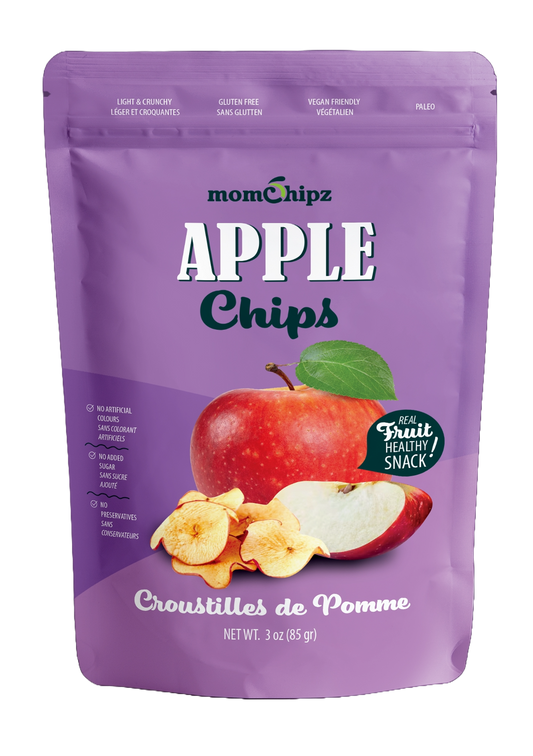 Purple package of momchipz Apple Chips with an apple and chips illustration on a white background
