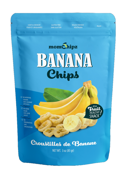 Packaging of momchips Banana Chips with blue background and banana illustration.