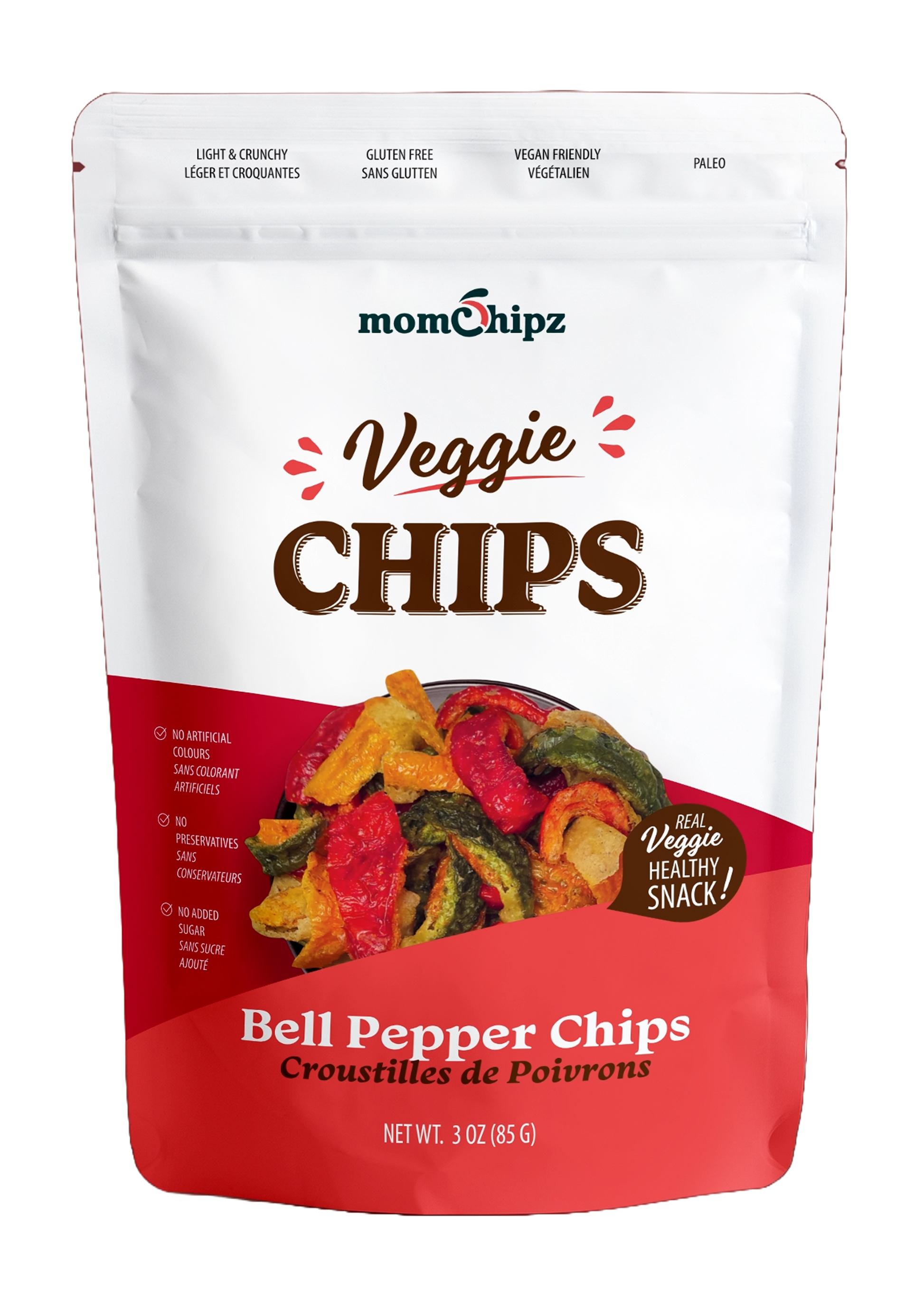 Packaging of momchipz Bell Pepper Chips with a white and red design.