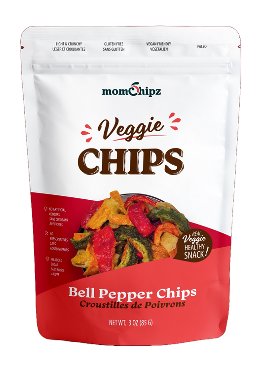 Packaging of momchipz Bell Pepper Chips with a white and red design.