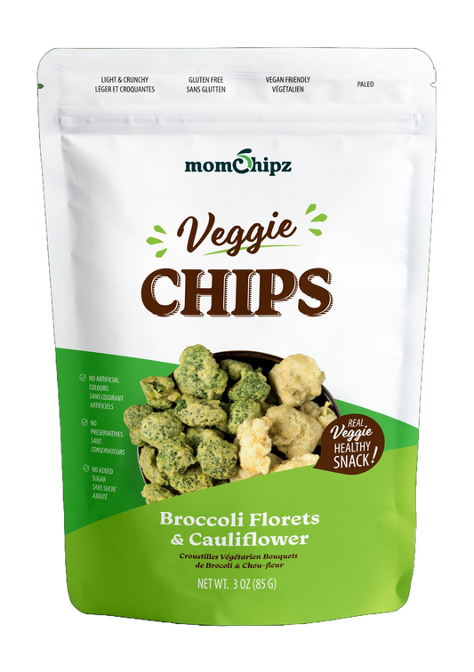 Packaging of momchipz Veggie Chips with broccoli florets and cauliflower on a white background
