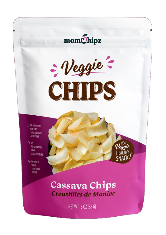 Packaging of momchipz Veggie Chips with a focus on cassava chips.