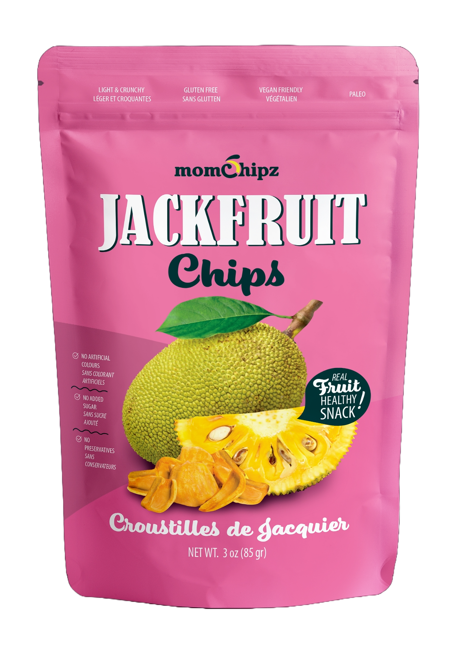 Pink package of momChipz Jackfruit Chips with jackfruit illustration on a white background