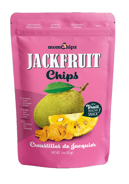 Pink package of momChipz Jackfruit Chips with jackfruit illustration on a white background