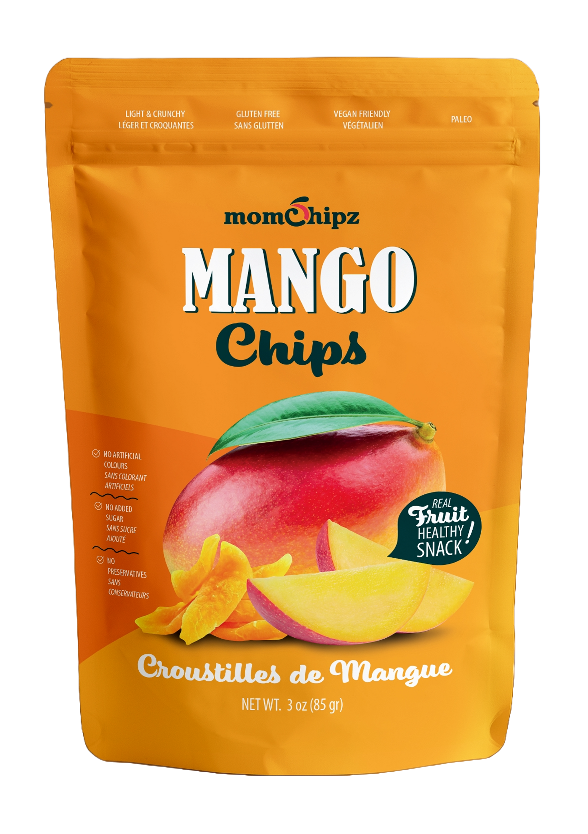 Packaging of momChipz Mango Chips with a mango illustration on an orange background.