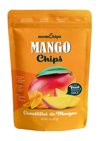 Packaging of momChipz Mango Chips with a mango illustration on an orange background.