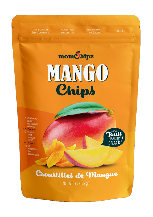 Packaging of momChipz Mango Chips with a mango illustration on an orange background.