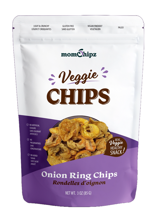 Packaging of momChipz Veggie Chips with onion ring flavor on a white background
