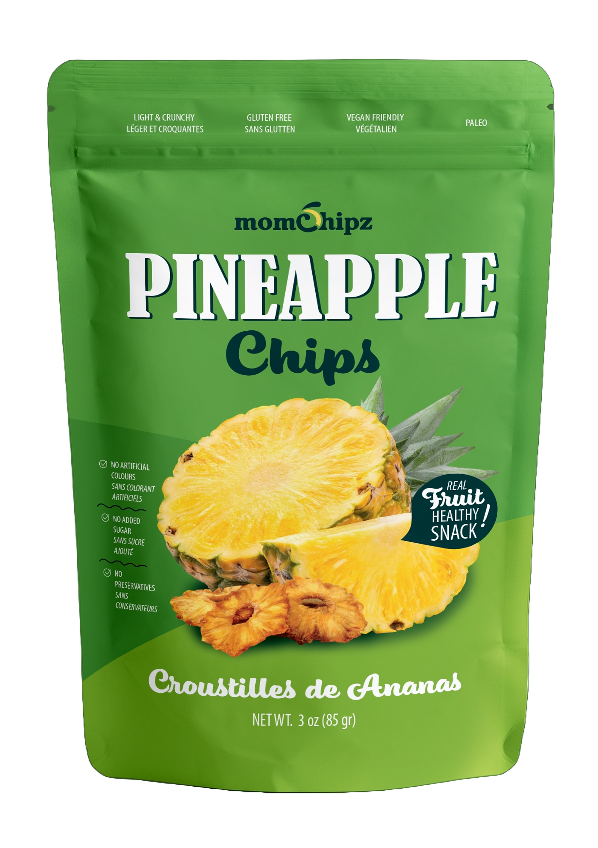 Green package of momchilpz Pineapple Chips with pineapple illustration on a white background