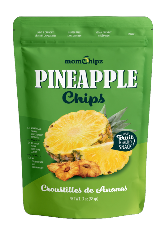 Green package of momchilpz Pineapple Chips with pineapple illustration on a white background