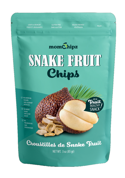 Packaging of momchipz snake fruit chips with a teal background