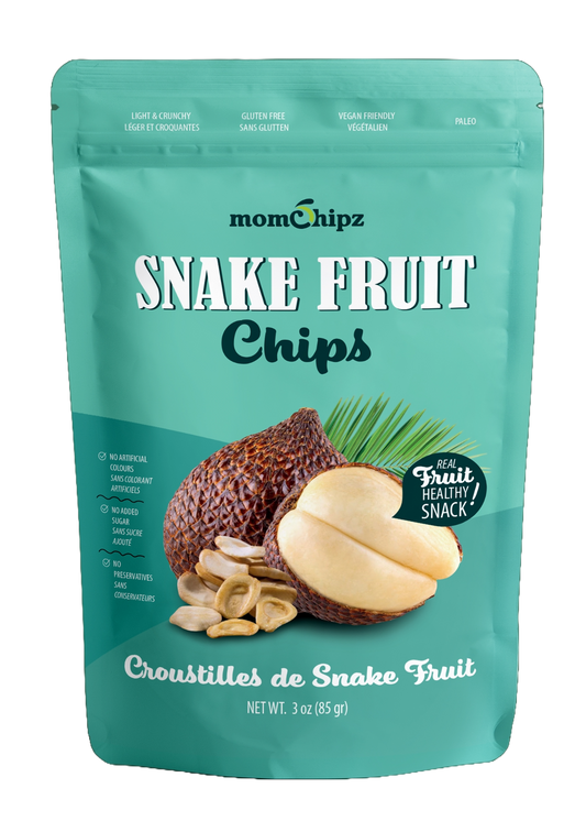 Packaging of momchipz snake fruit chips with a teal background