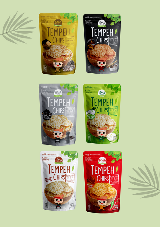 Five packages of tempeh chips on a light green background with leaf patterns.