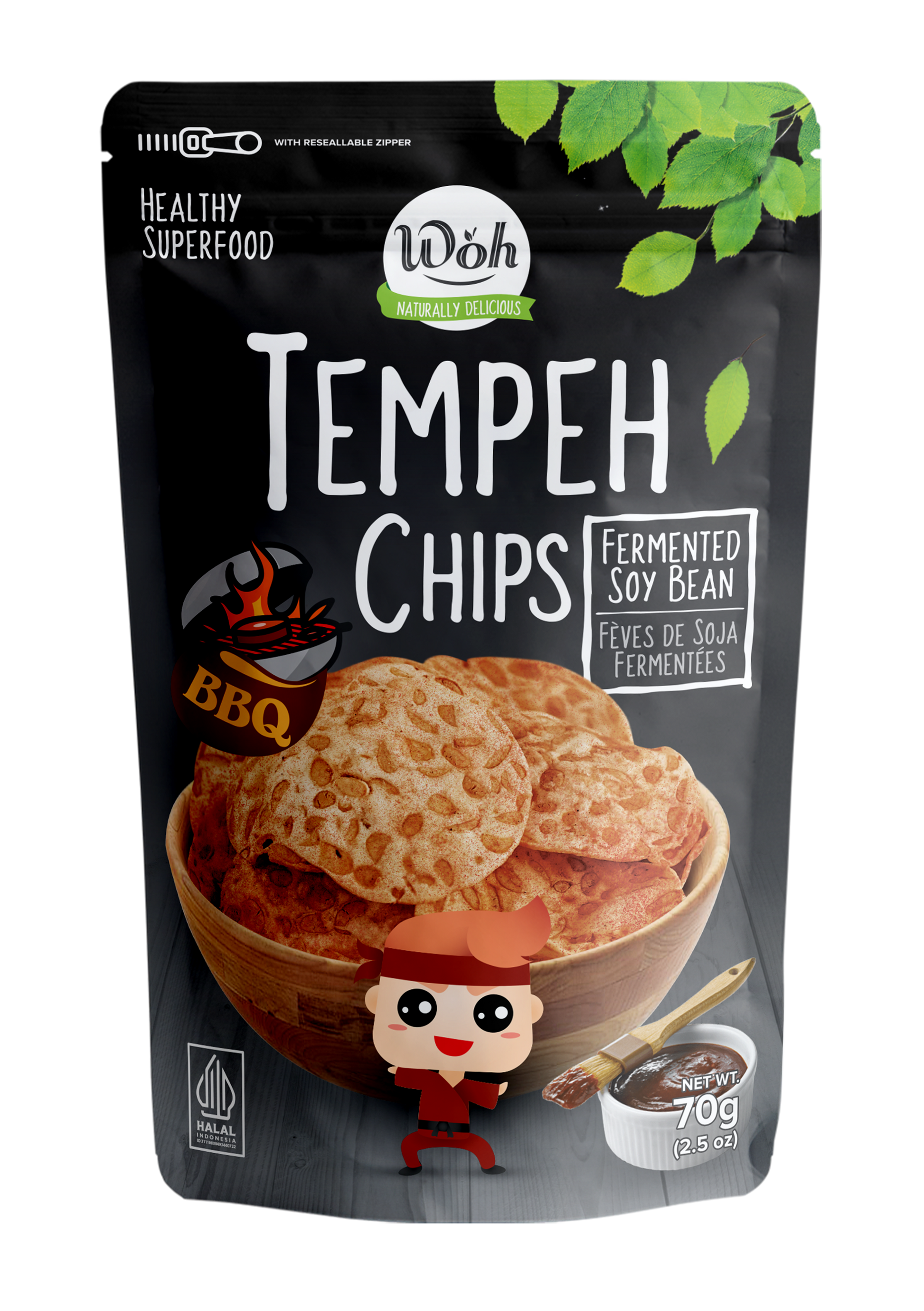 Packaging of Woh BBQ Tempeh Chips with branding and product details.