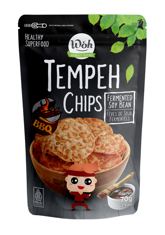 Packaging of Woh BBQ Tempeh Chips with branding and product details.