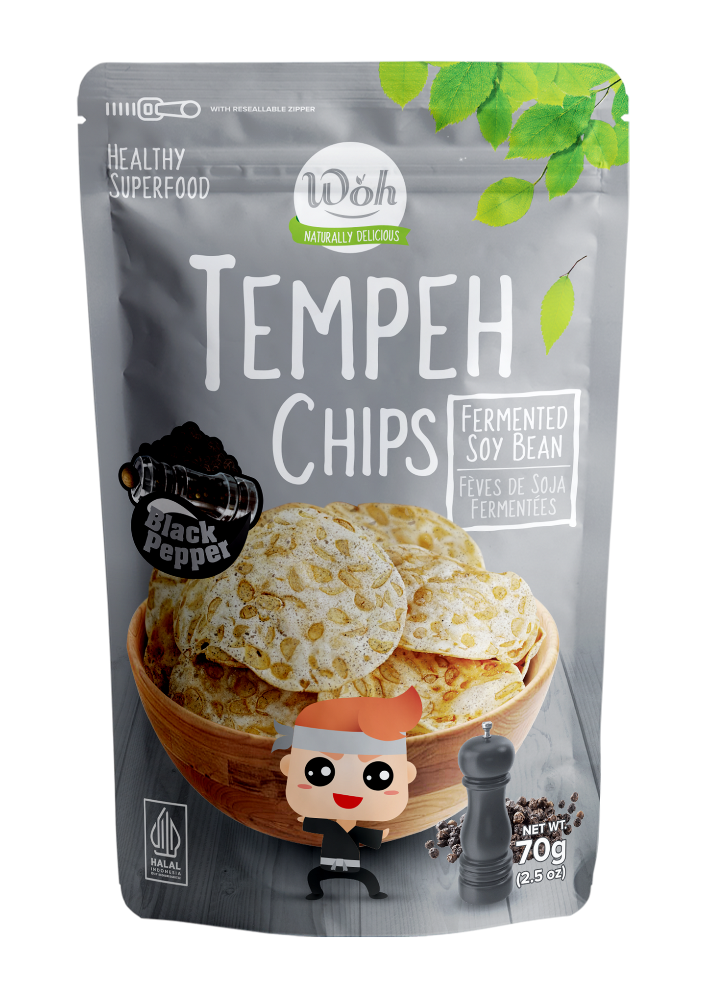 Packaging of Woh Tempeh Chips with jack pepper flavor on a white background