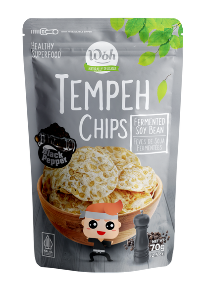 Packaging of Woh Tempeh Chips with jack pepper flavor on a white background