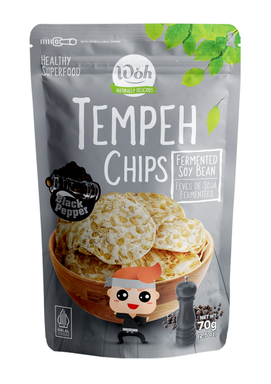 Packaging of Woh Tempeh Chips with jack pepper flavor on a white background