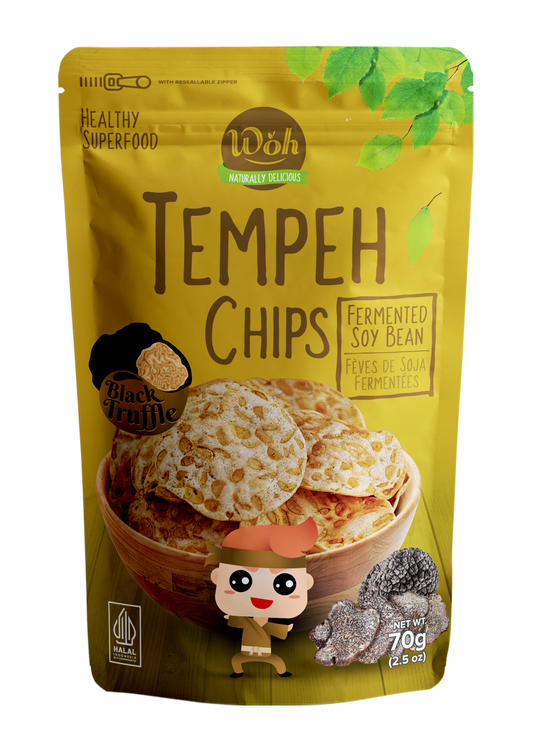 Packaging of Woh Tempeh Chips with a cartoon character on a white background