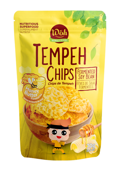 WÖh Tempeh Chips packaging with yellow background and tempeh chips illustration.