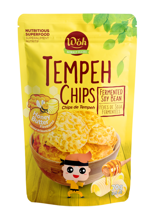 WÖh Tempeh Chips packaging with yellow background and tempeh chips illustration.