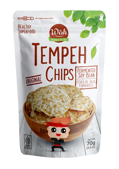Packaging of Woh Tempeh Chips with a bowl of chips on a white background