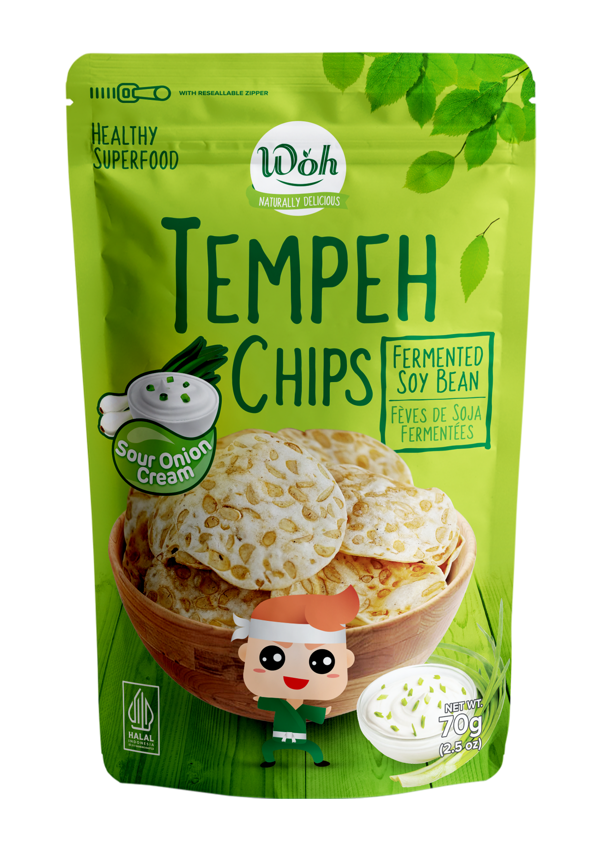 Green package of Woh Tempeh Chips with a cartoon character on a white background