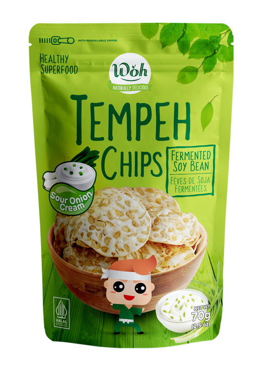 Green package of Woh Tempeh Chips with a cartoon character on a white background