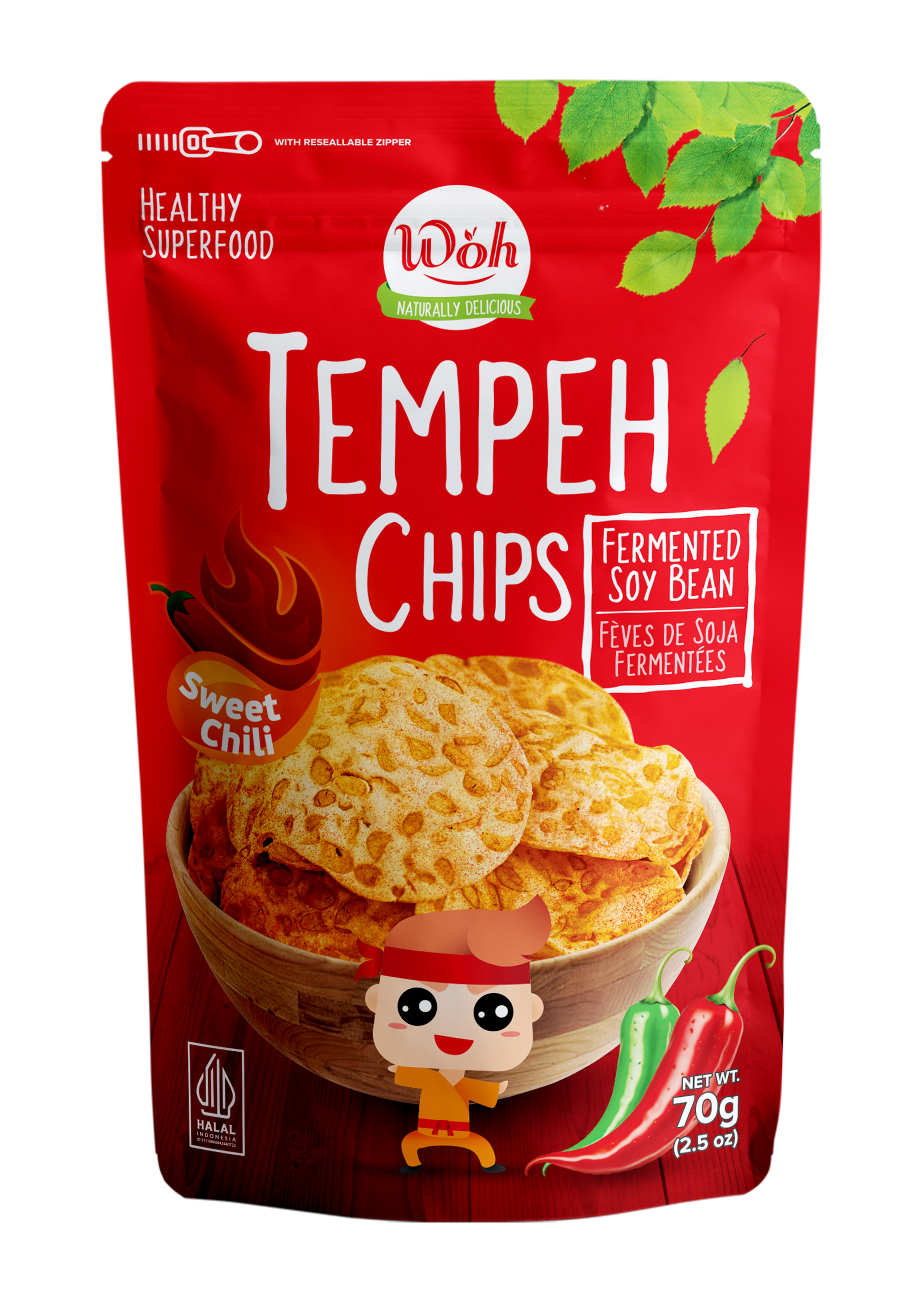 Woh Tempeh Chips packaging with red background and tempeh chips illustration.